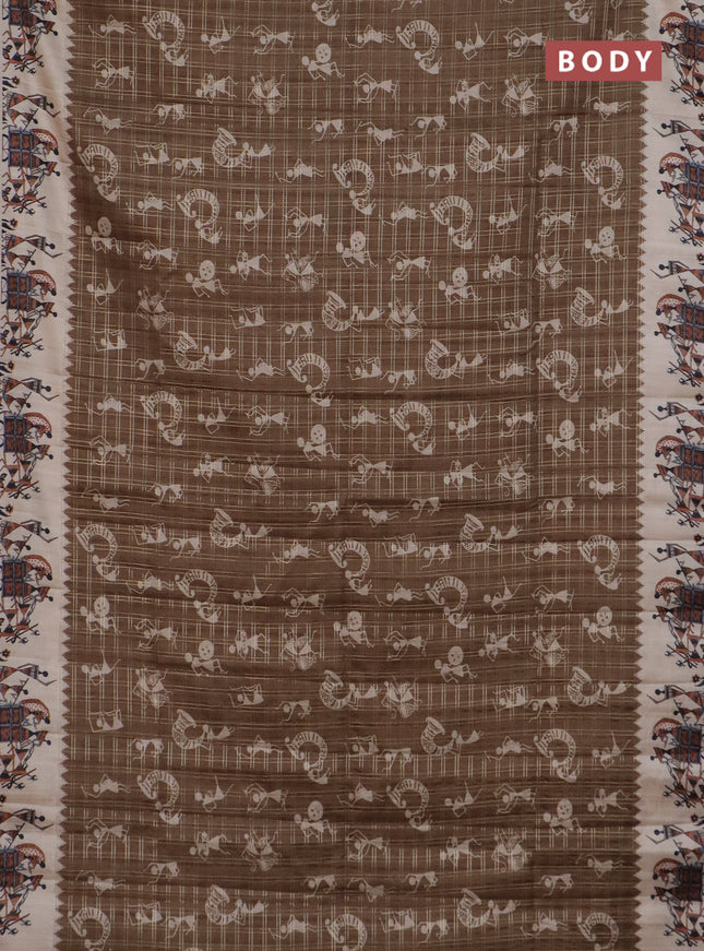 Semi tussar saree brown and cream with allover kalamkari prints and zari woven border