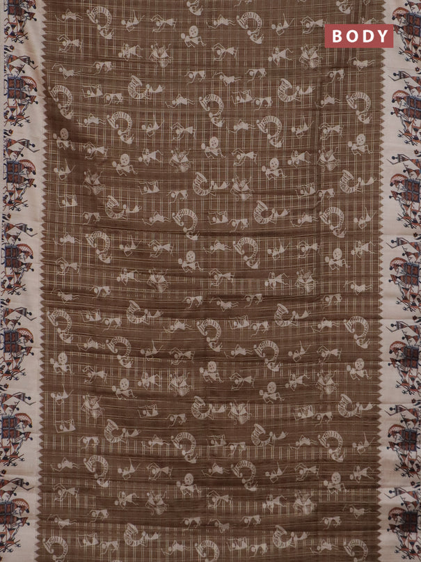 Semi tussar saree brown and cream with allover kalamkari prints and zari woven border