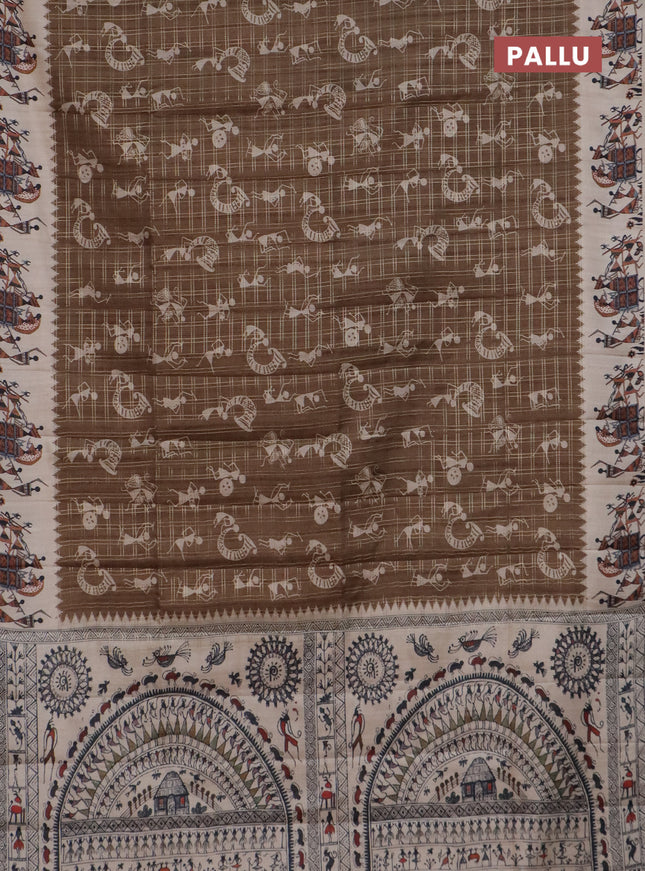 Semi tussar saree brown and cream with allover kalamkari prints and zari woven border