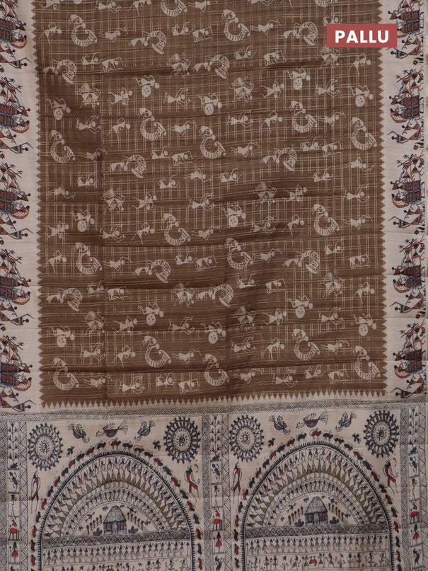Semi tussar saree brown and cream with allover kalamkari prints and zari woven border