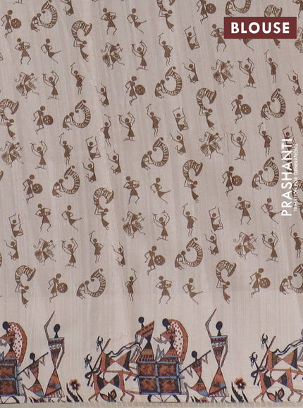 Semi tussar saree brown and cream with allover kalamkari prints and zari woven border