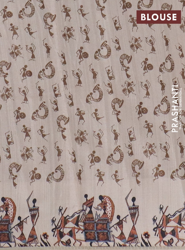 Semi tussar saree brown and cream with allover kalamkari prints and zari woven border