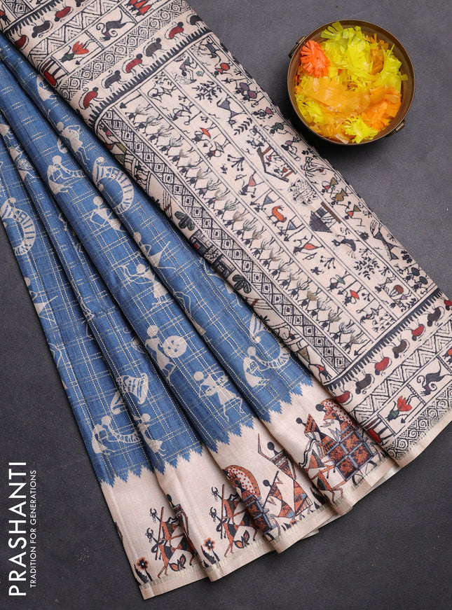 Semi tussar saree blue and cream with allover kalamkari prints and zari woven border