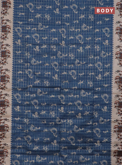 Semi tussar saree blue and cream with allover kalamkari prints and zari woven border