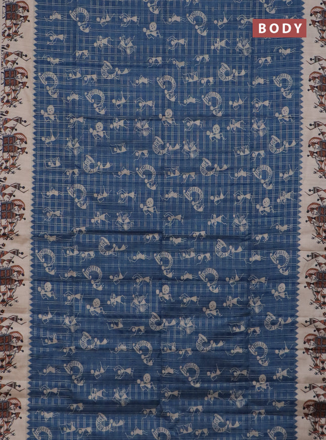 Semi tussar saree blue and cream with allover kalamkari prints and zari woven border