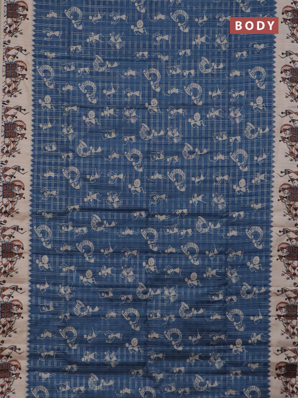 Semi tussar saree blue and cream with allover kalamkari prints and zari woven border