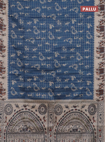 Semi tussar saree blue and cream with allover kalamkari prints and zari woven border