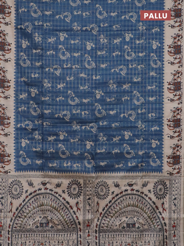 Semi tussar saree blue and cream with allover kalamkari prints and zari woven border