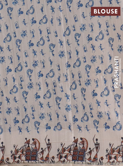 Semi tussar saree blue and cream with allover kalamkari prints and zari woven border