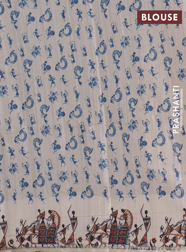 Semi tussar saree blue and cream with allover kalamkari prints and zari woven border