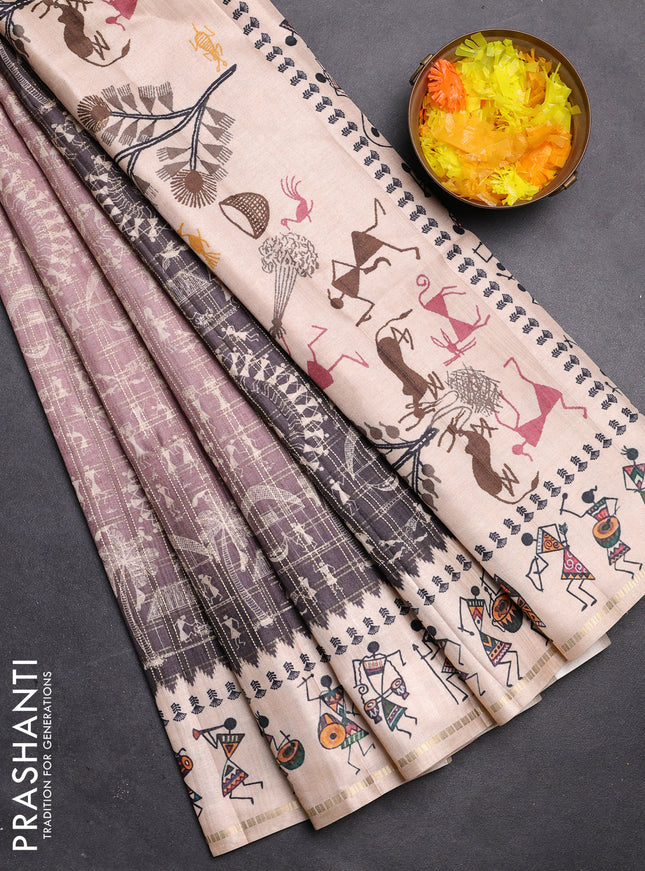 Semi tussar saree pastel brown and cream with allover zari checks & warli prints  and printed border