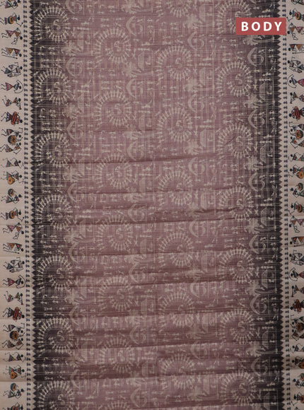 Semi tussar saree pastel brown and cream with allover zari checks & warli prints  and printed border