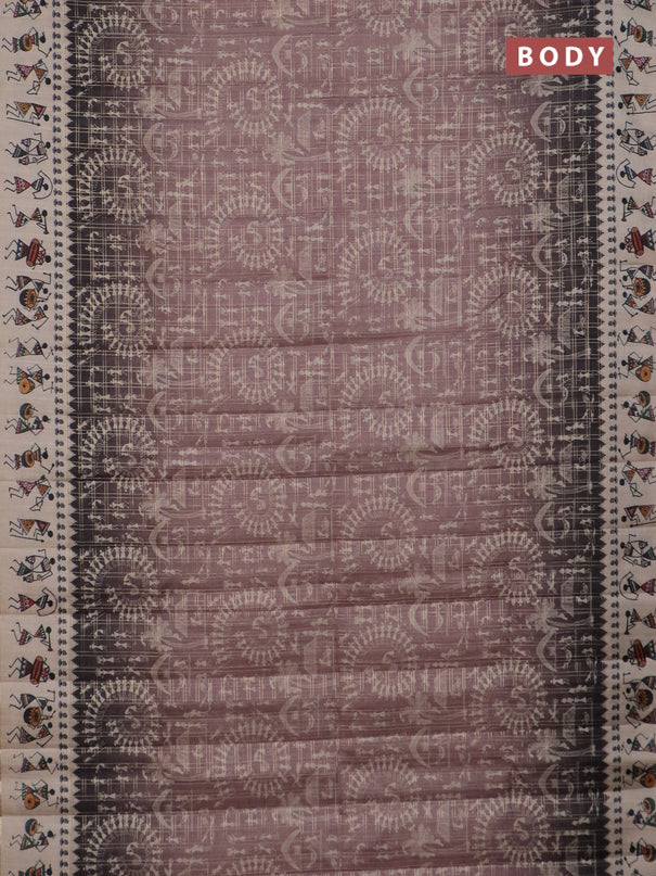 Semi tussar saree pastel brown and cream with allover zari checks & warli prints  and printed border