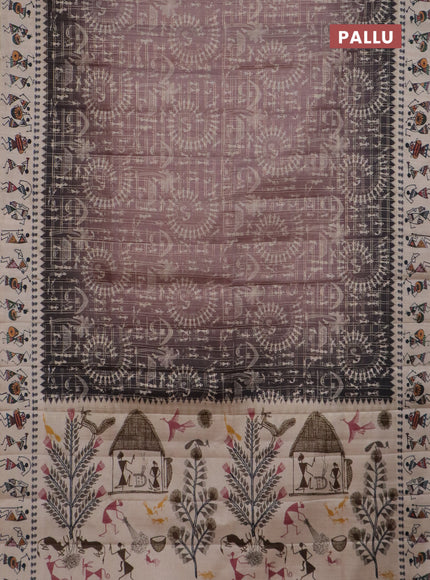 Semi tussar saree pastel brown and cream with allover zari checks & warli prints  and printed border