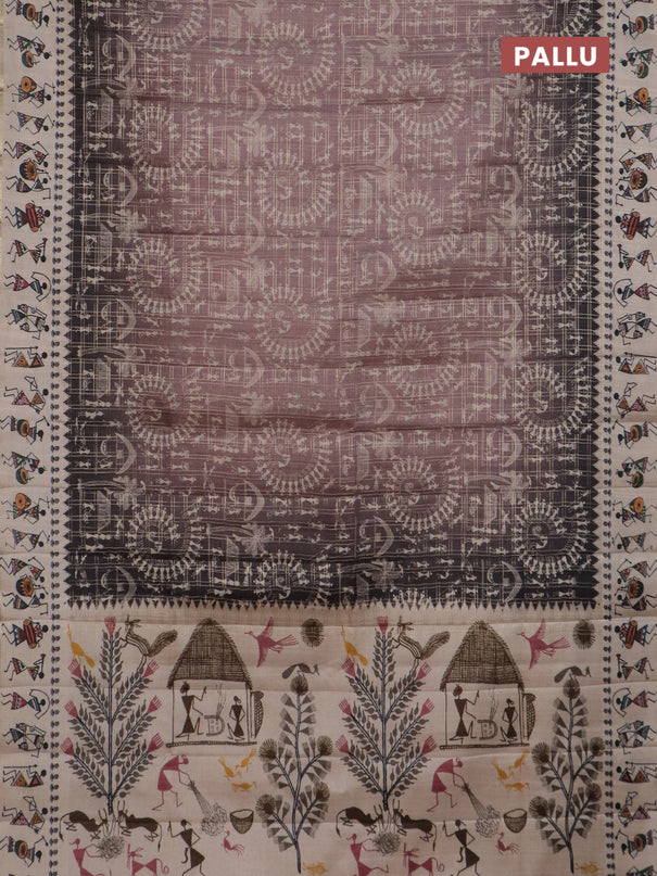 Semi tussar saree pastel brown and cream with allover zari checks & warli prints  and printed border