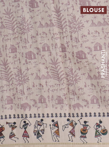 Semi tussar saree pastel brown and cream with allover zari checks & warli prints  and printed border