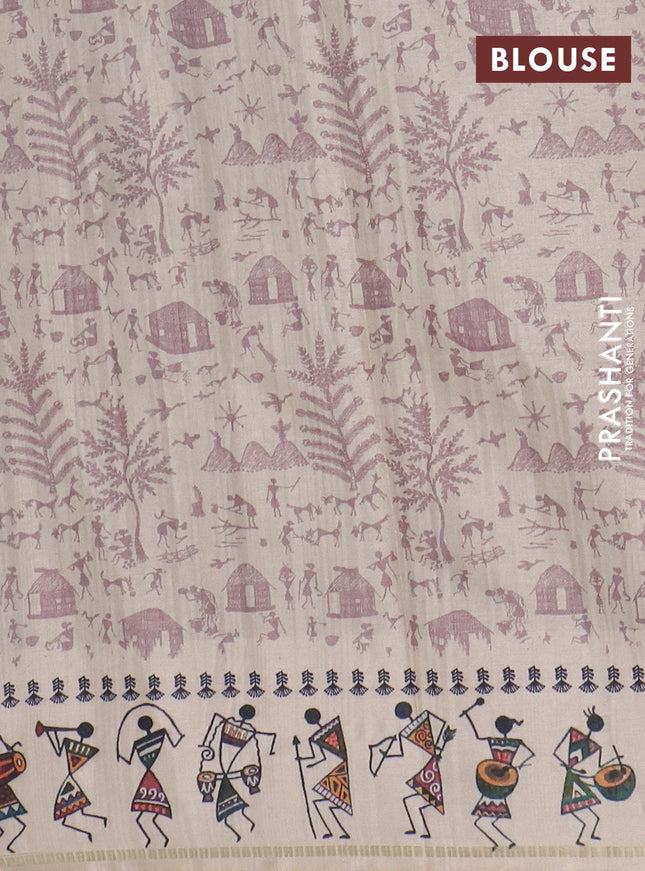 Semi tussar saree pastel brown and cream with allover zari checks & warli prints  and printed border