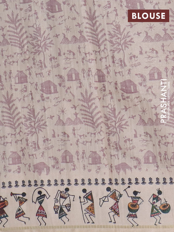 Semi tussar saree pastel brown and cream with allover zari checks & warli prints  and printed border