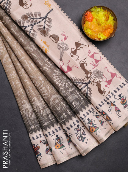 Semi tussar saree beige and cream with allover zari checks & warli prints  and printed border