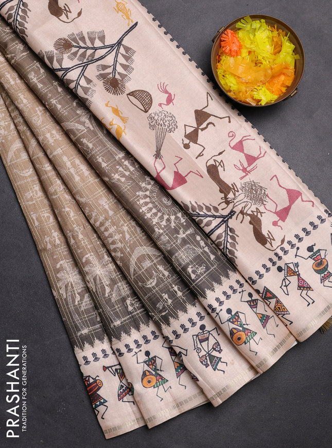 Semi tussar saree beige and cream with allover zari checks & warli prints  and printed border