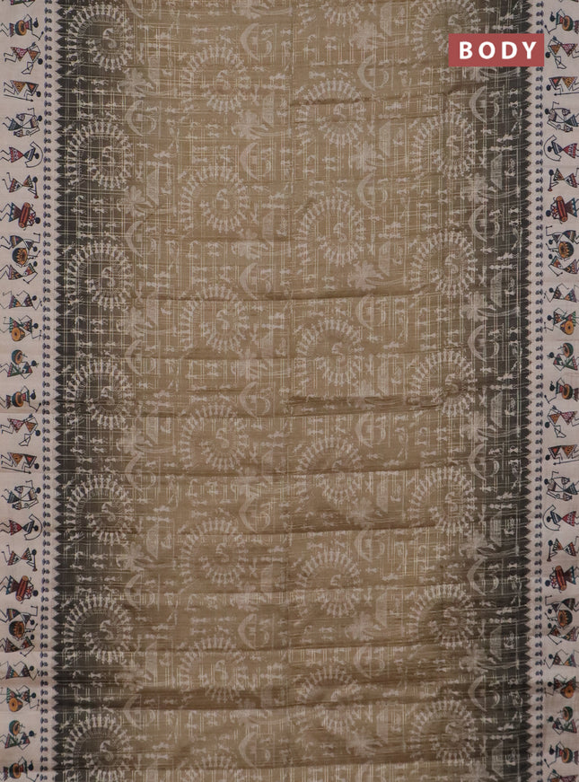 Semi tussar saree beige and cream with allover zari checks & warli prints  and printed border