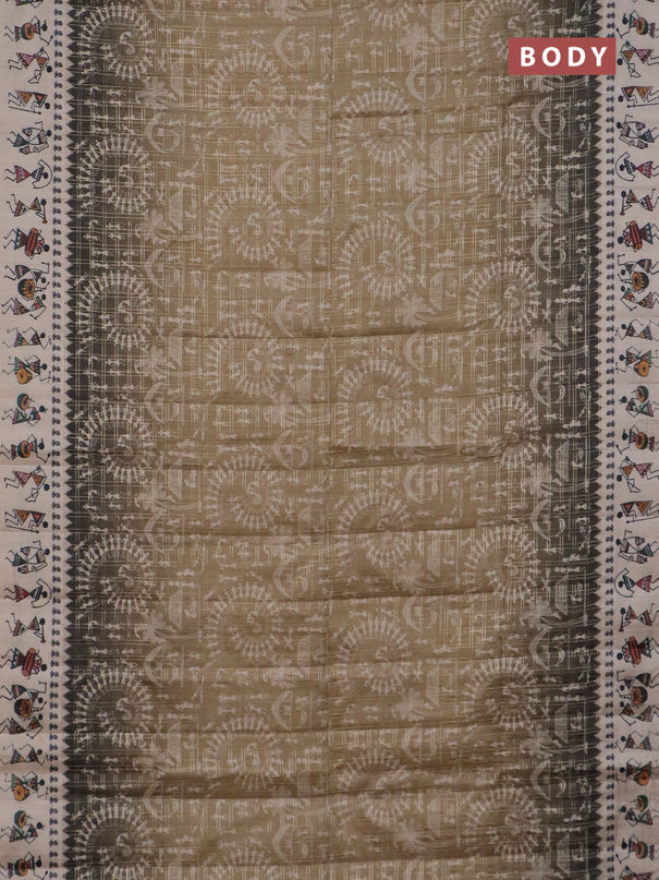 Semi tussar saree beige and cream with allover zari checks & warli prints  and printed border
