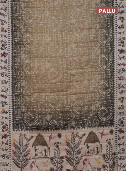 Semi tussar saree beige and cream with allover zari checks & warli prints  and printed border