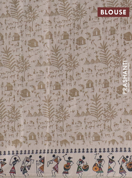 Semi tussar saree beige and cream with allover zari checks & warli prints  and printed border