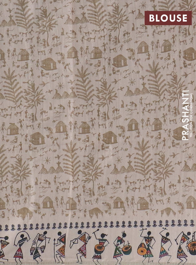 Semi tussar saree beige and cream with allover zari checks & warli prints  and printed border