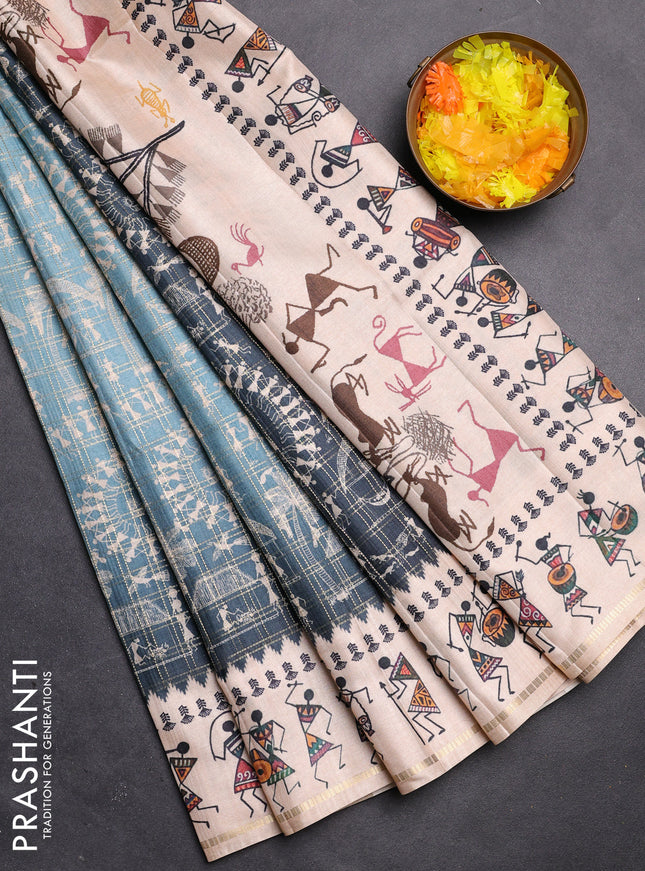 Semi tussar saree dark peacock blue and cream with allover zari checks & warli prints  and printed border