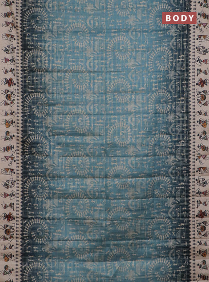 Semi tussar saree dark peacock blue and cream with allover zari checks & warli prints  and printed border