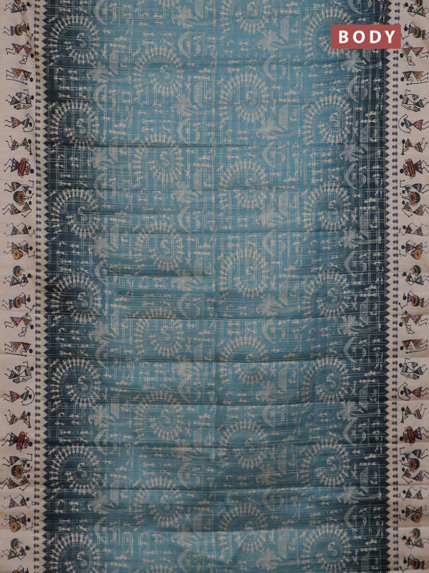 Semi tussar saree dark peacock blue and cream with allover zari checks & warli prints  and printed border