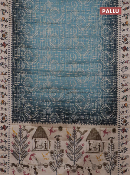 Semi tussar saree dark peacock blue and cream with allover zari checks & warli prints  and printed border