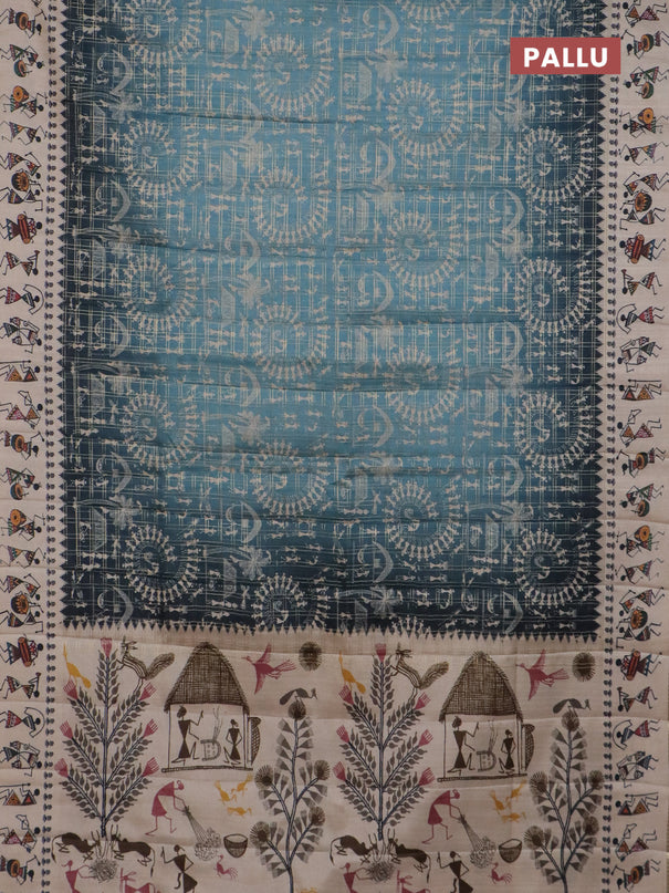 Semi tussar saree dark peacock blue and cream with allover zari checks & warli prints  and printed border