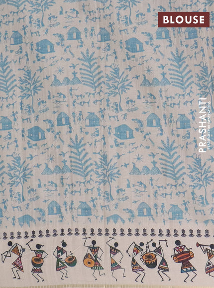 Semi tussar saree dark peacock blue and cream with allover zari checks & warli prints  and printed border