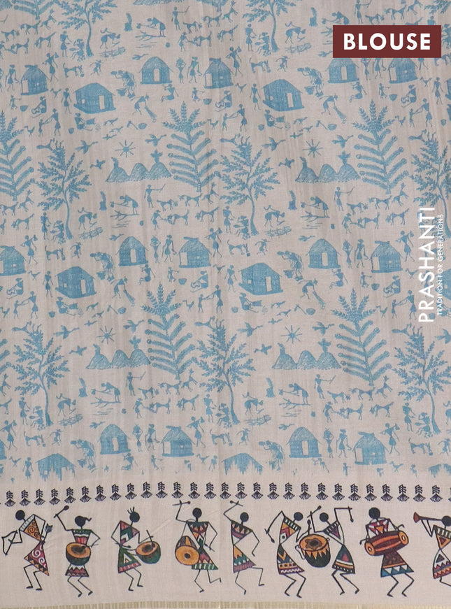 Semi tussar saree dark peacock blue and cream with allover zari checks & warli prints  and printed border