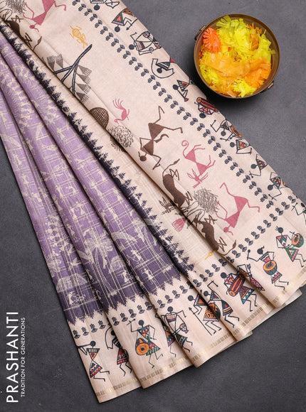 Semi tussar saree lavender shade and cream with allover zari checks & warli prints  and printed border