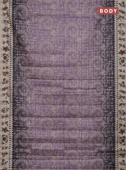 Semi tussar saree lavender shade and cream with allover zari checks & warli prints  and printed border