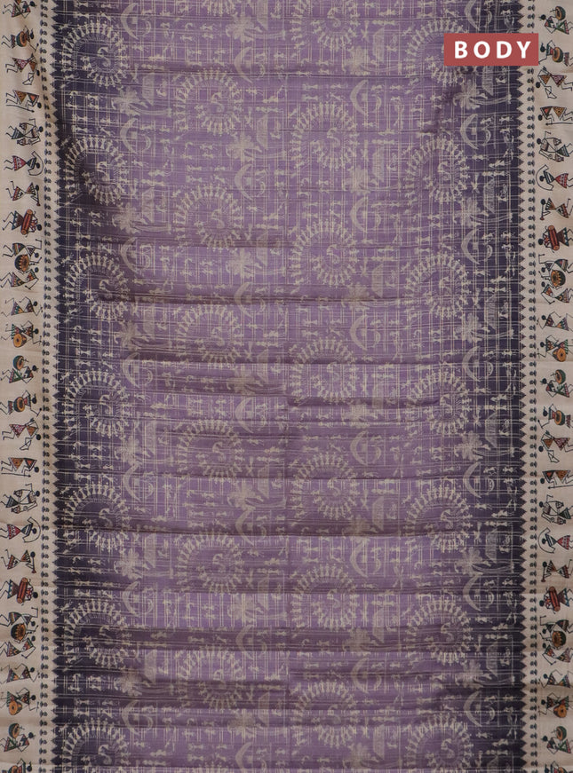 Semi tussar saree lavender shade and cream with allover zari checks & warli prints  and printed border