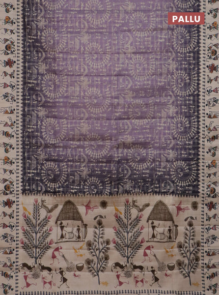 Semi tussar saree lavender shade and cream with allover zari checks & warli prints  and printed border