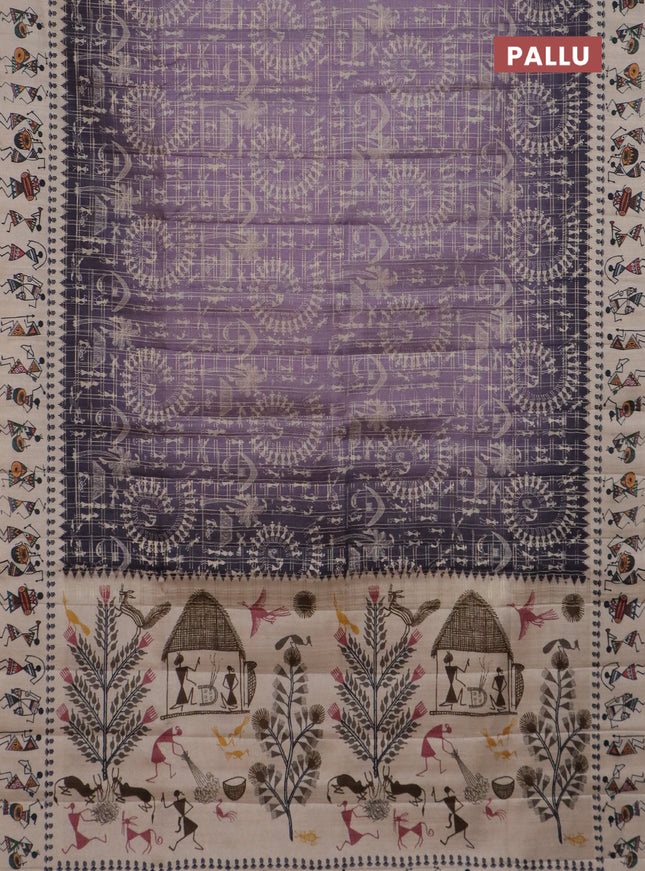 Semi tussar saree lavender shade and cream with allover zari checks & warli prints  and printed border