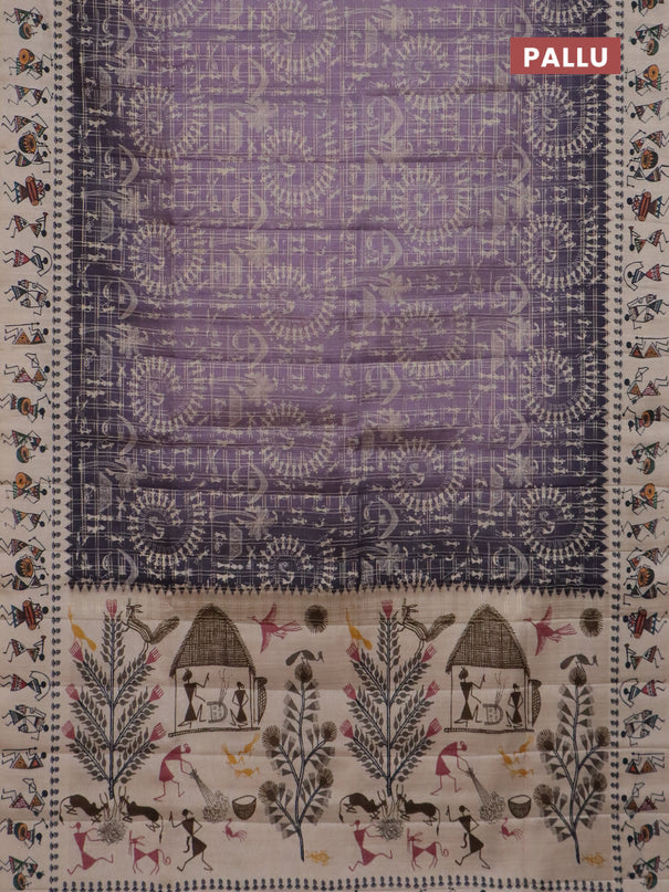 Semi tussar saree lavender shade and cream with allover zari checks & warli prints  and printed border
