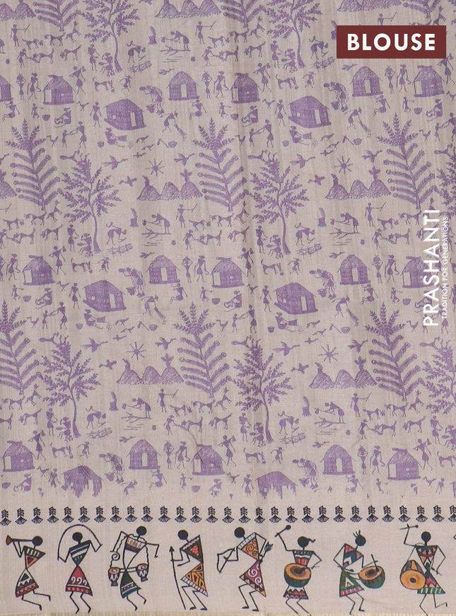 Semi tussar saree lavender shade and cream with allover zari checks & warli prints  and printed border