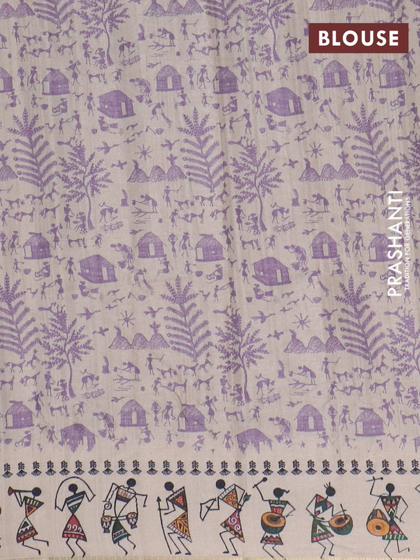 Semi tussar saree lavender shade and cream with allover zari checks & warli prints  and printed border