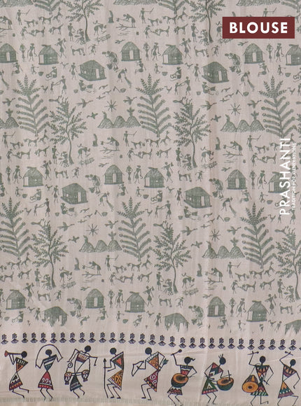 Semi tussar saree pastel green and cream with allover zari checks & warli prints  and printed border