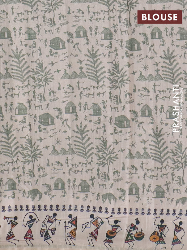 Semi tussar saree pastel green and cream with allover zari checks & warli prints  and printed border