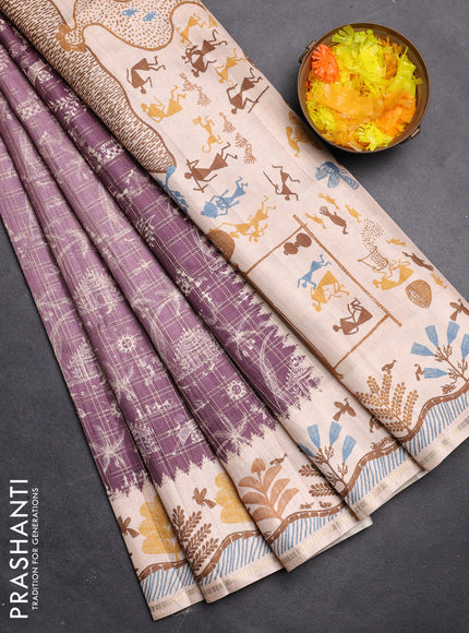 Semi tussar saree mauve pink and cream with allover zari checks & warli prints  and printed border