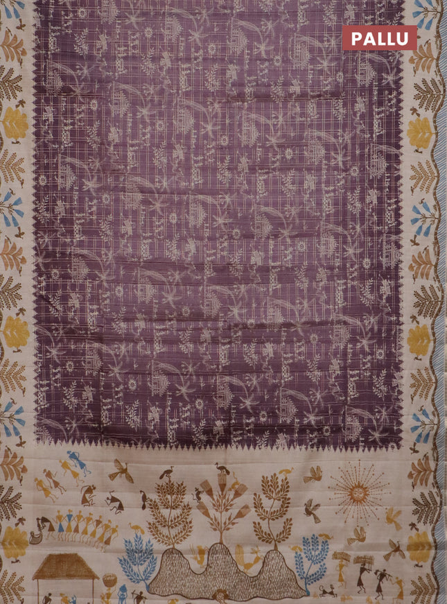 Semi tussar saree mauve pink and cream with allover zari checks & warli prints  and printed border