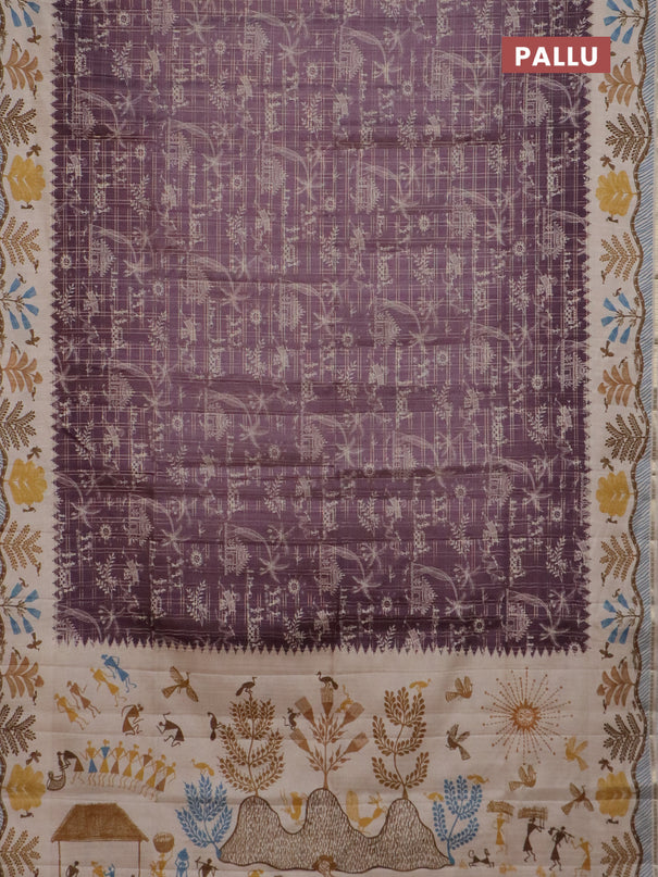 Semi tussar saree mauve pink and cream with allover zari checks & warli prints  and printed border