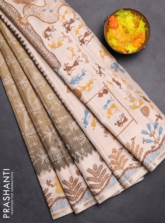 Semi tussar saree mehendi green and cream with allover zari checks & warli prints  and printed border